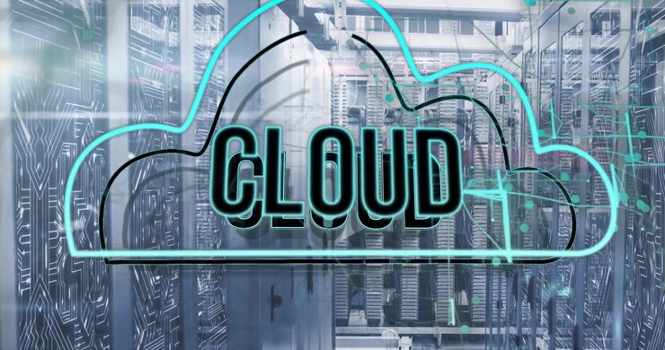 Cloud icon floating over server racks, glowing circuits connecting network nodes in flat design