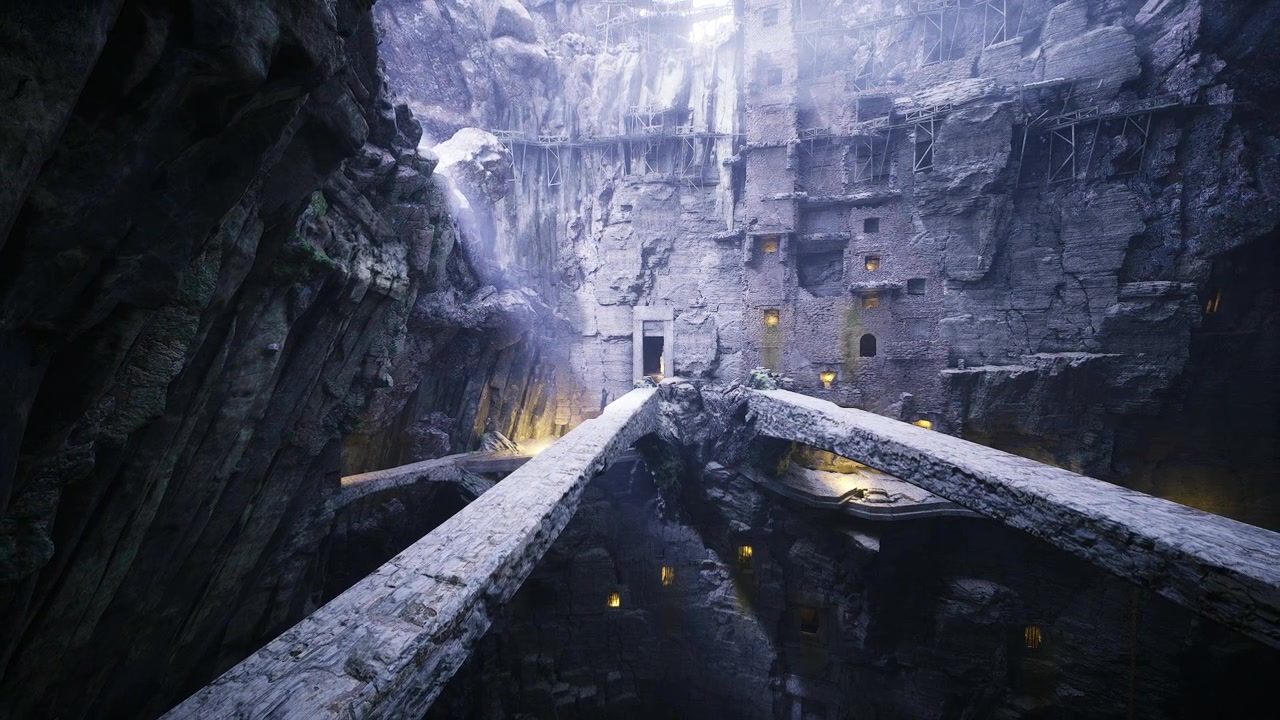 Solitary trekker reaches bright gate near cascading waterfall and cliffs