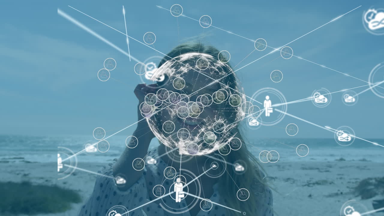 해변에서 행복한 백인 여성에 대한 미디어 아이콘과의 연결 네트워크의 애니메이션