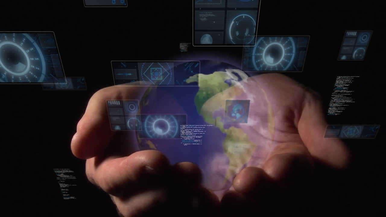 Holding digital Earth, hands displaying futuristic animation with data interface