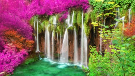 cinemagraph video of waterfall in plitvice lakes croatia, fantasy foliage color