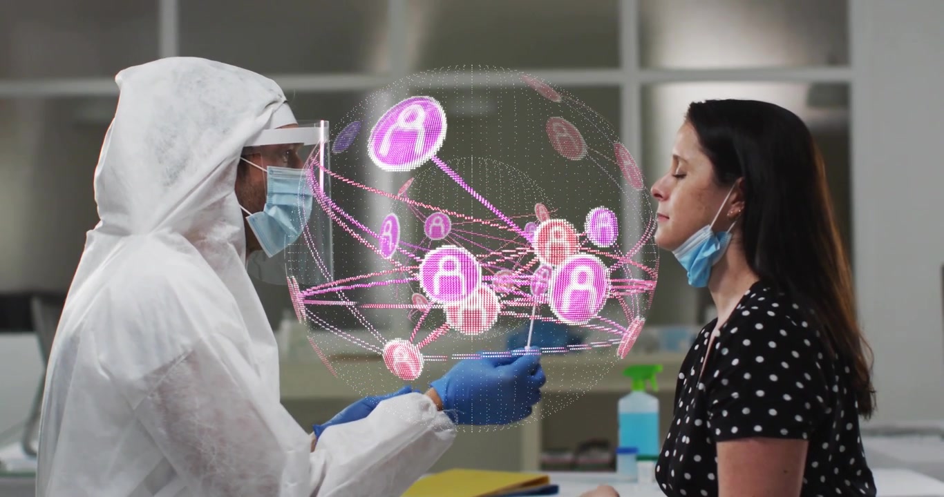 Doctor raising swab, initiating rotating sphere, guiding swab into patient throat for testing