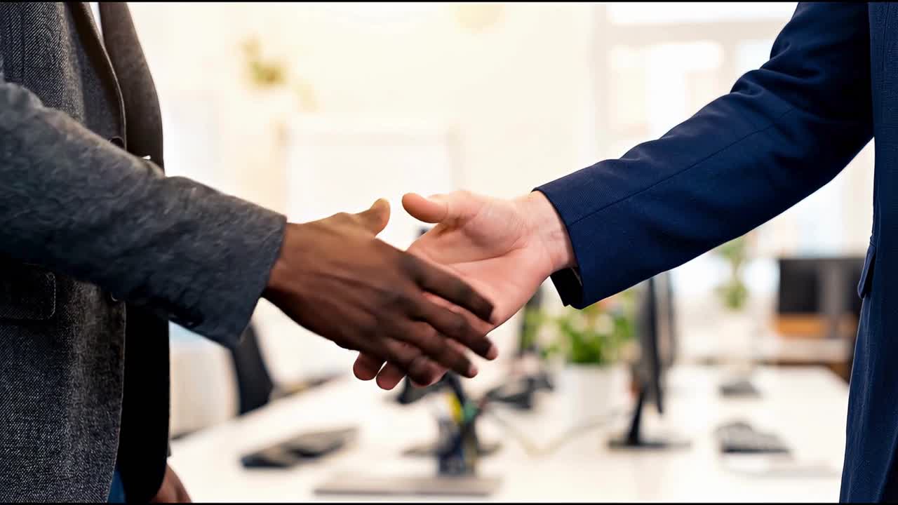 Close up of business handshake sealing partnership agreement in modern office setting