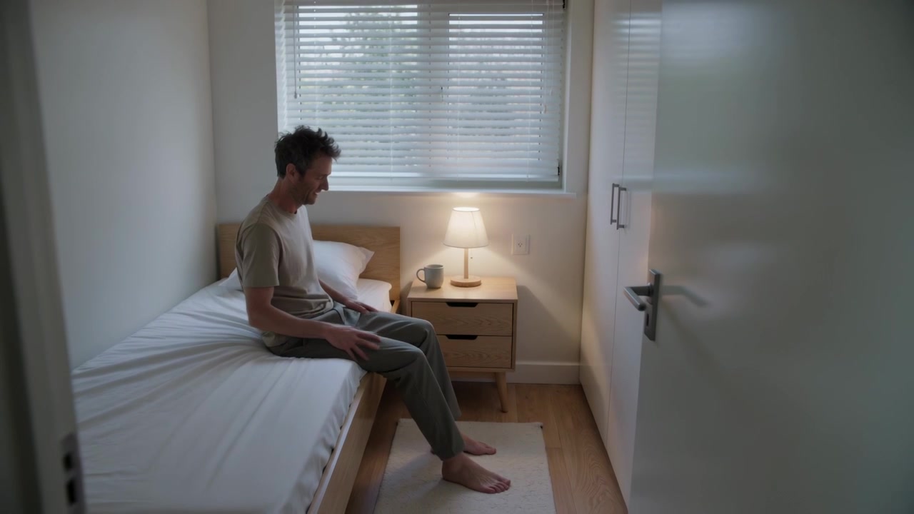 Pausing and straightening, adult man pushing up from bed edge in small bedroom, moving to door