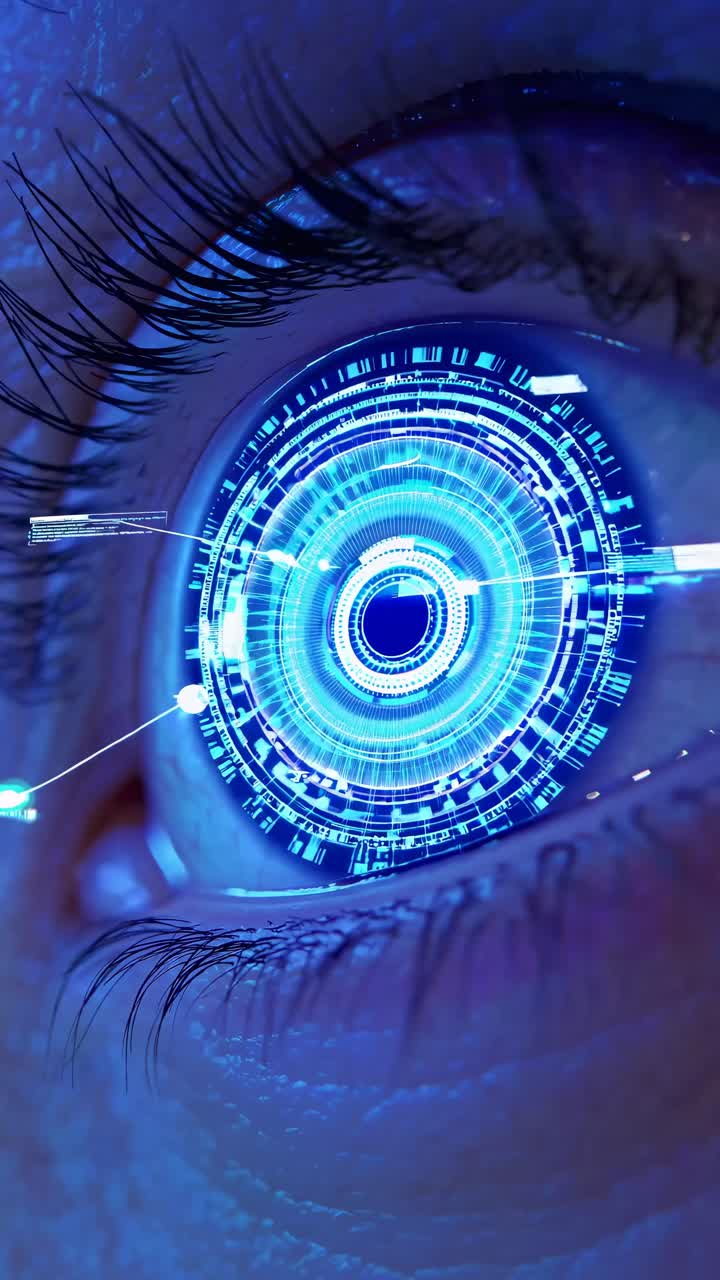 Close-up of a human eye with digital HUD overlay, futuristic style
