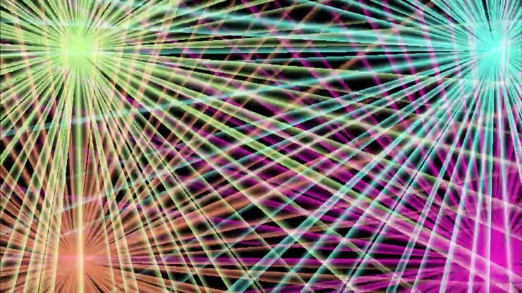 Immersive Multicolored Rotating Radial Light Rays with Intersecting Patterns in Seamless 3D Animation
