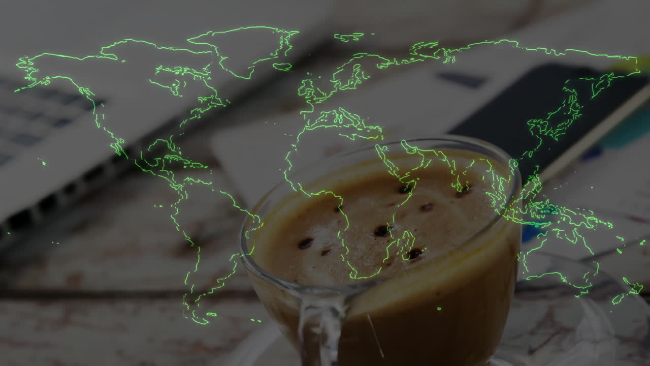 Taza de espresso animada en un primer plano de renderizado 3D, mostrando un mapa de estructura alámbrica verde neón y un portátil