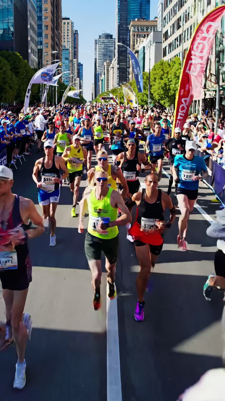 Aerial view of a vibrant city marathon with runners in colorful attire, capturing the dynamic energy