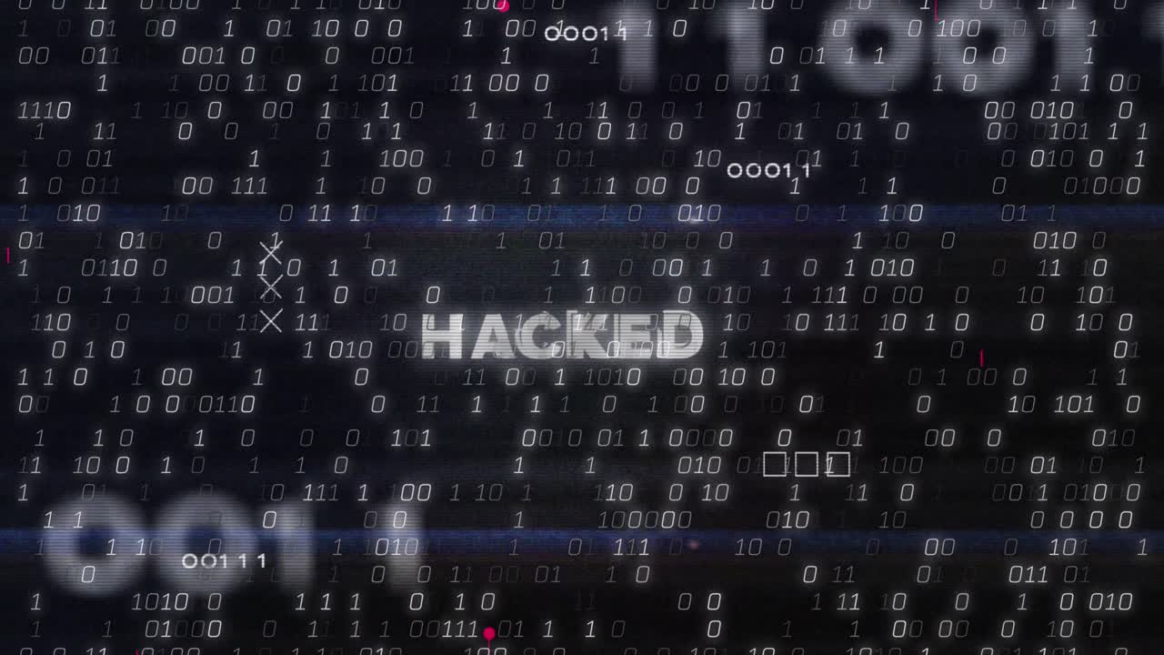 animación de texto hackeado y procesamiento de datos de codificación binaria en una placa de circuitos.