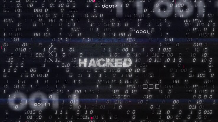 Animation of hacked text and binary coding data processing over circuit board