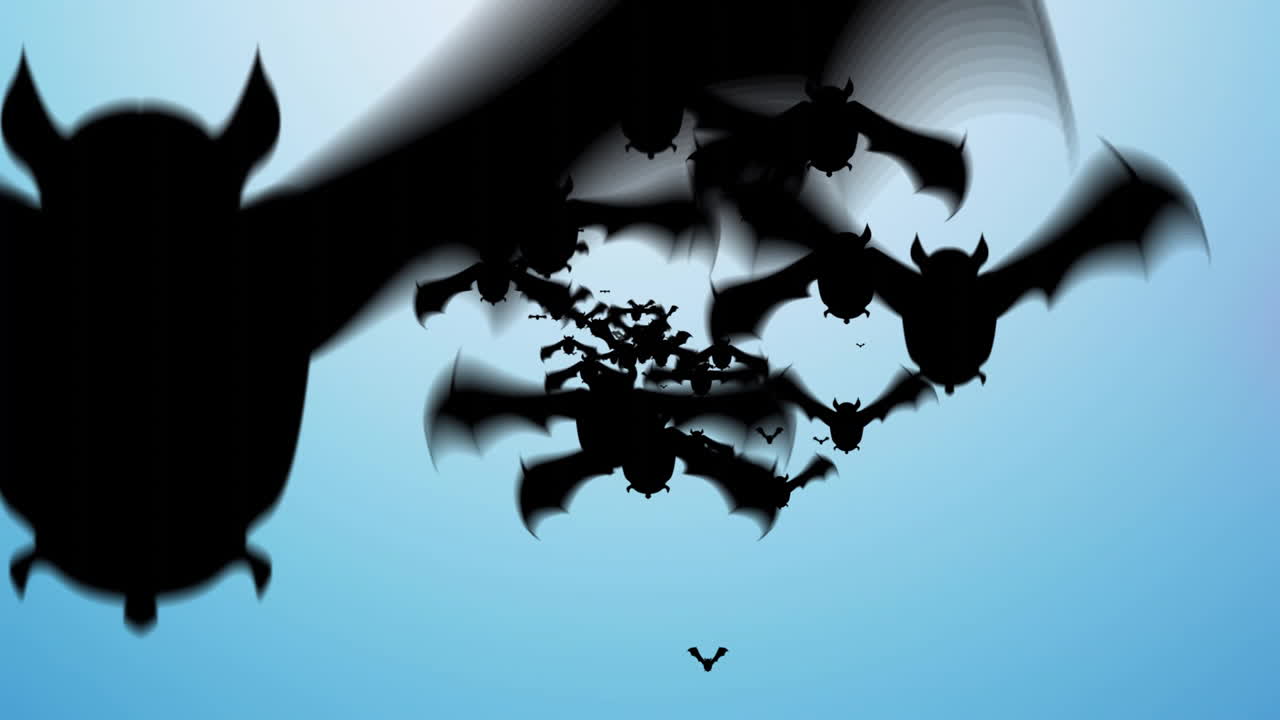Silhouettes of bats flying in swarm animation over blue sky background