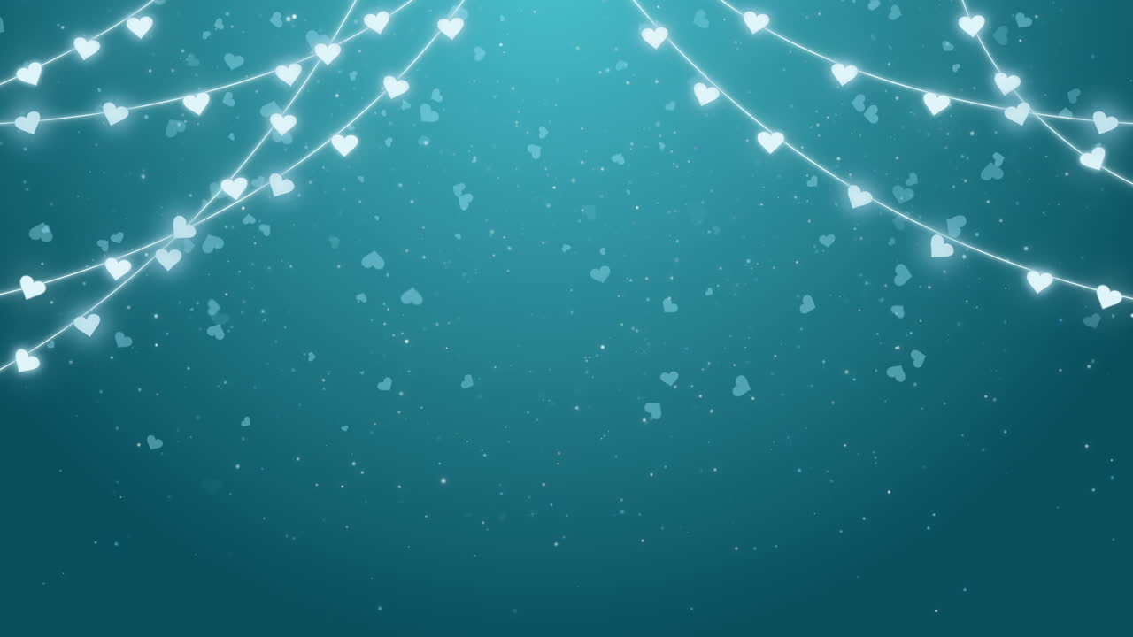 White lights on blue background. Glowing heart garlands with sparks. For congratulations, invitations and advertising design. Copy space. Loop.