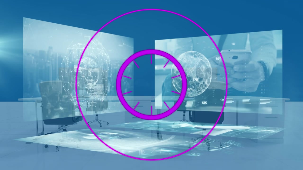 Animazione di scansione a raggio ed elaborazione dati su schermi in ufficio vuoto