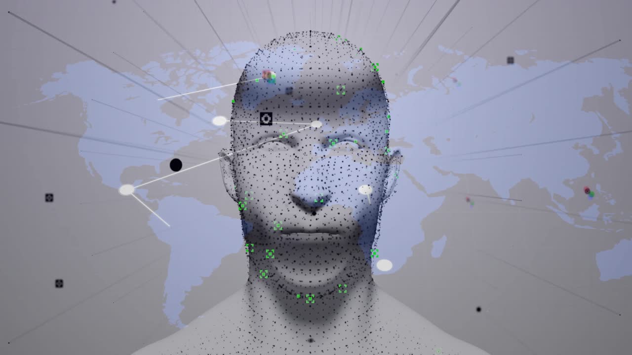 After map outline filling frame, 3D head rising while nodes connecting to show global data network