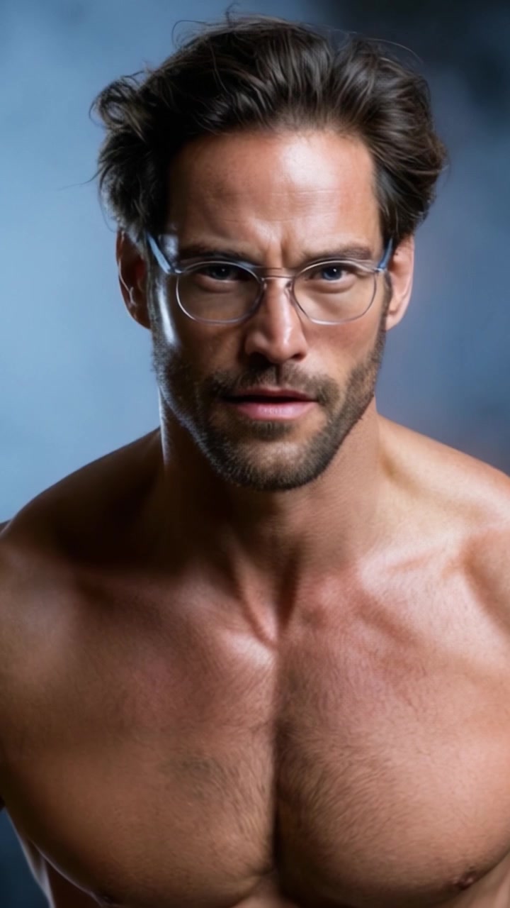 Um retrato marcante e confiante de um modelo masculino sem camisa com óculos transparentes, exalando carisma e força contra um fundo suavemente desfocado.