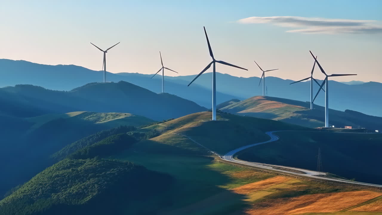 日落時分，連綿起伏山丘上的風力發電機與蜿蜒道路