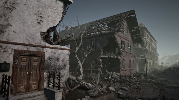 Una calle de ciudad en ruinas