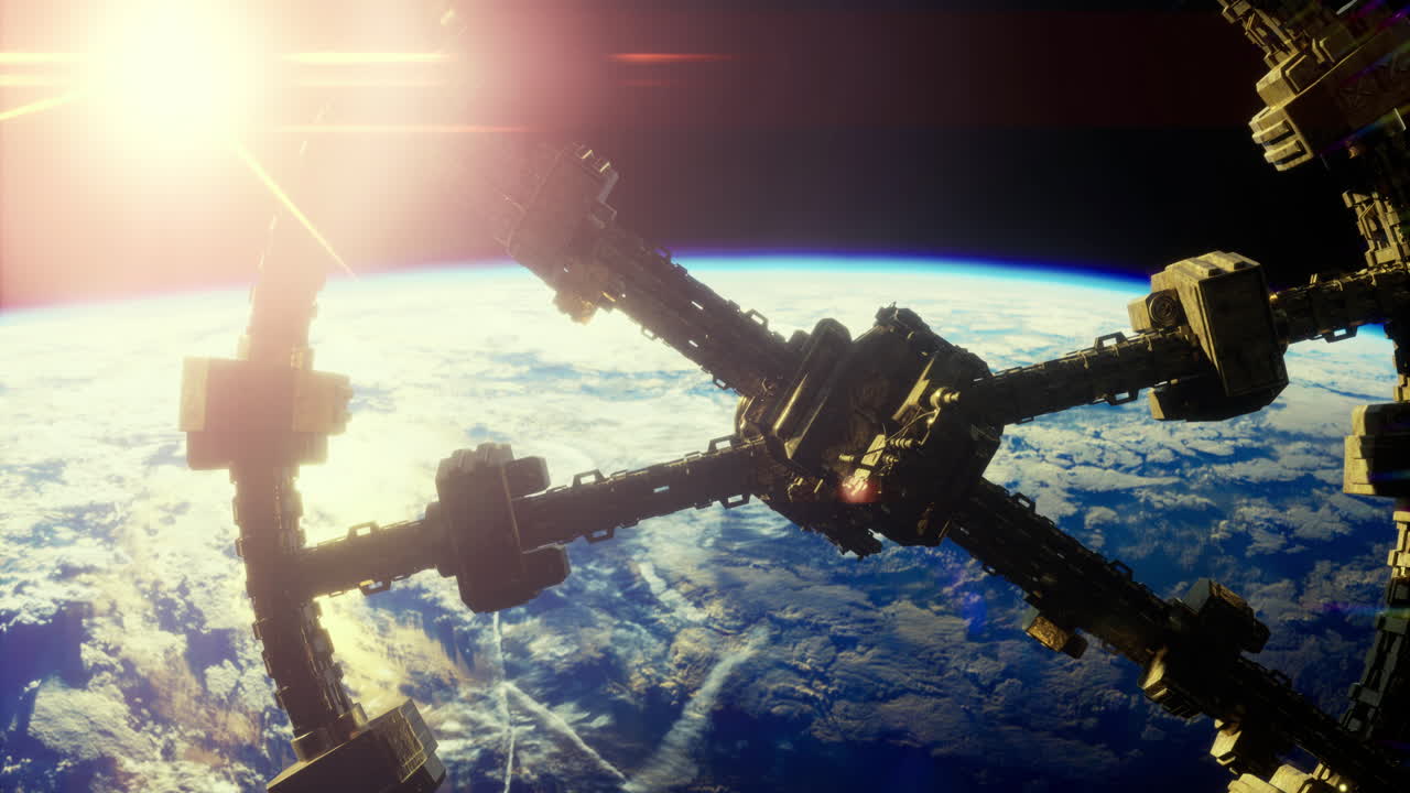 Space station orbiting earth with a bright sun in the background during dawn