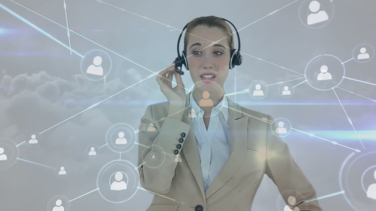 animación de iconos conectados a través del servicio de atención al cliente de mujeres caucásicas que ayudan al cliente