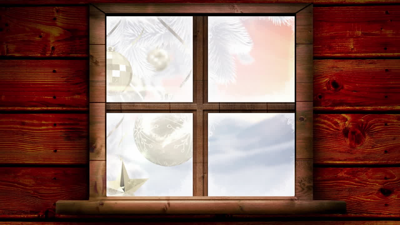 창문 을 통해 볼 수 있는 회전 하는 구슬 과 함께 겨울 크리스마스 장면 의 애니메이션