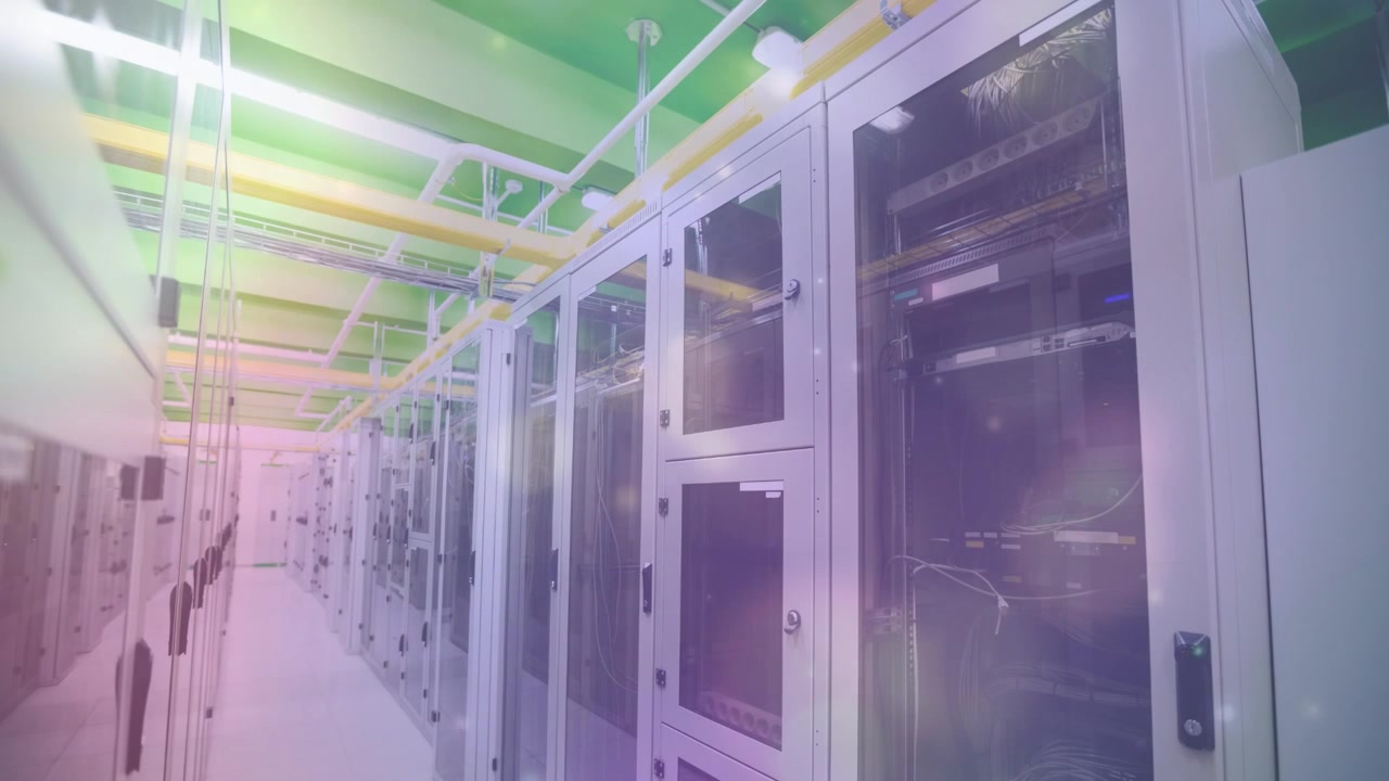 Animation of lights and dots floating over servers