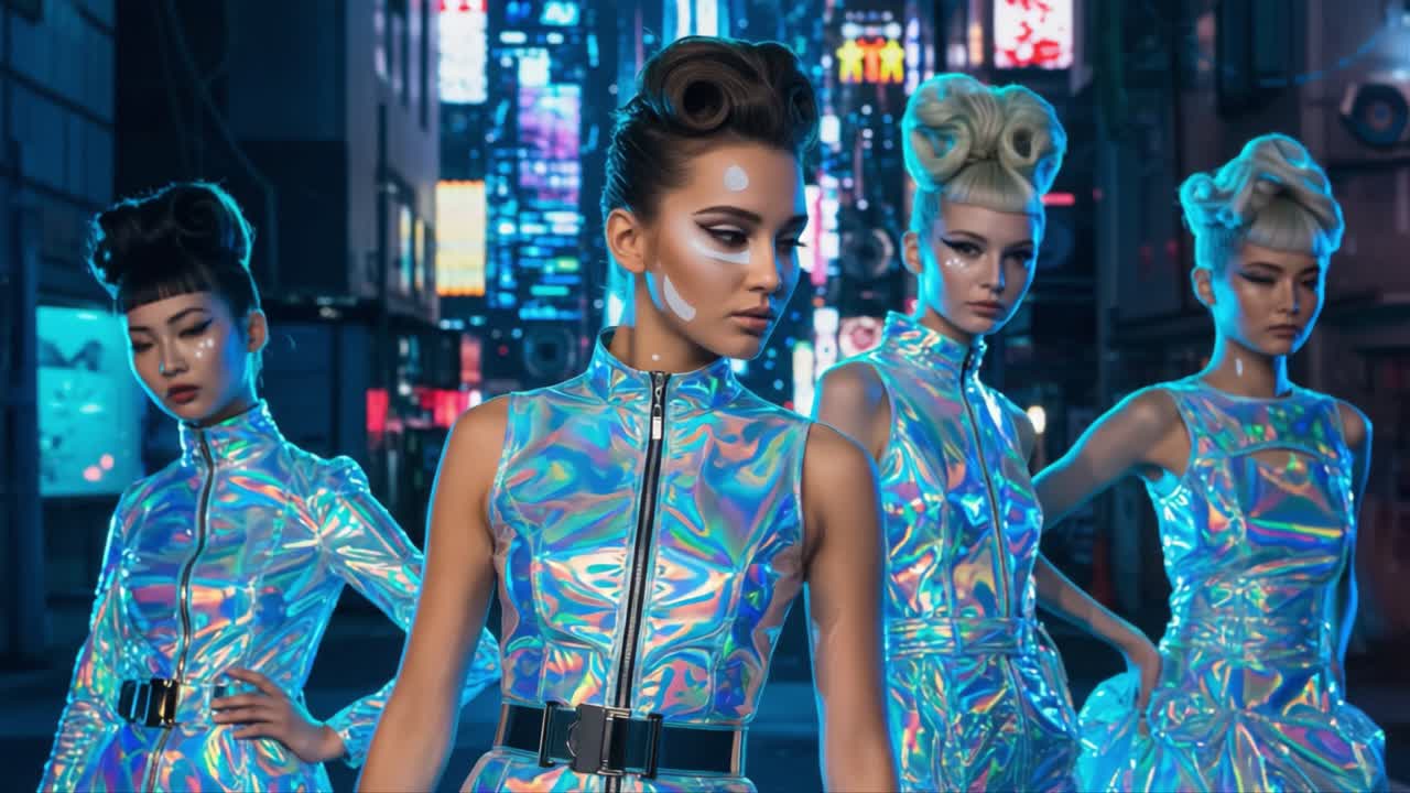 A Dazzling Display of Futuristic Fashion: Four Models Showcase Iridescent Styles Against an Urban Nightscape, Capturing the Essence of Modern Aesthetics