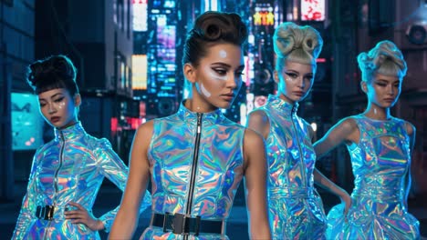 a dazzling display of futuristic fashion: four models showcase iridescent styles against an urban nightscape, capturing the essence of modern aesthetics