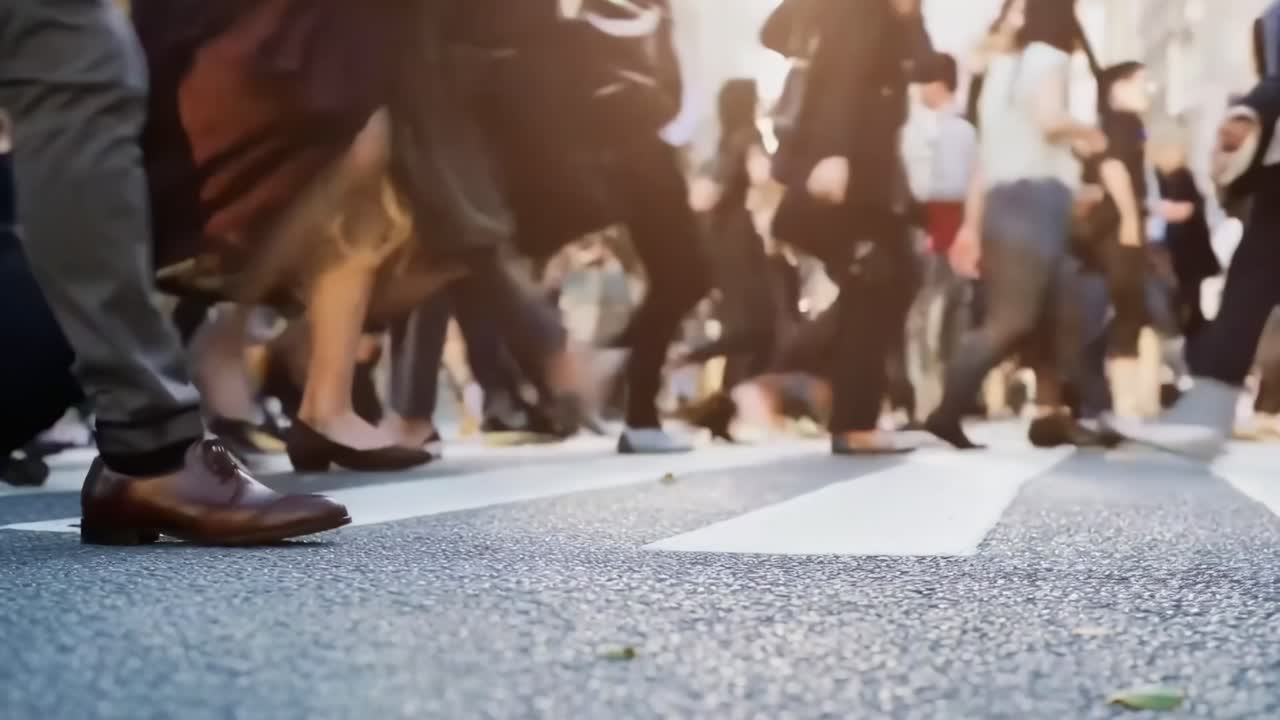 Video dal basso di persone che camminano su un trafficato attraversamento pedonale, catturando le dinamiche della vita urbana.
