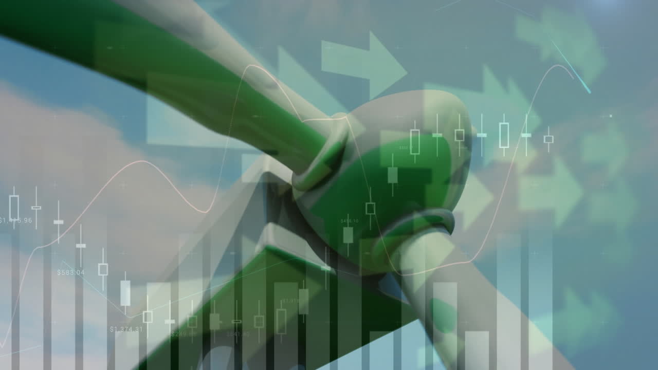 animación del giro de la turbina eólica, las flechas apuntando y el gráfico de la bolsa de valores aumentando