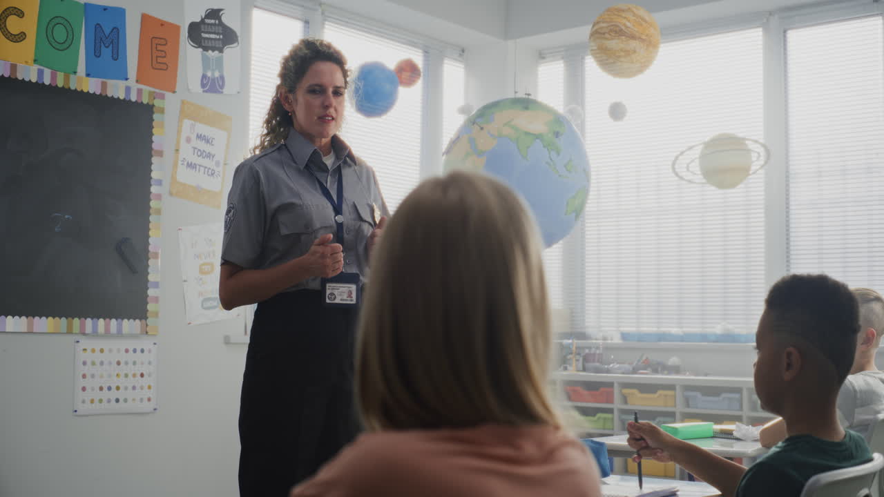 Female Police Officer Visiting Classroom Giving Lecture to Curious Primary School Students