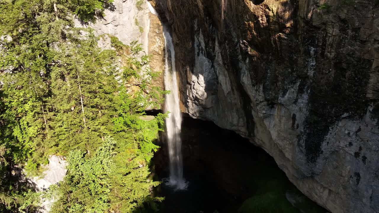 Aerial View Of Berglistuber Waterfall In Glarus Sud, Switzerland