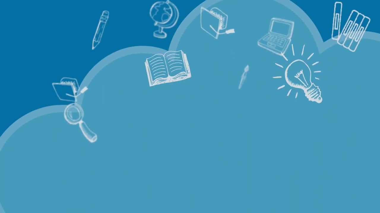 Animación de iconos de material escolar sobre nubes en fondo azul