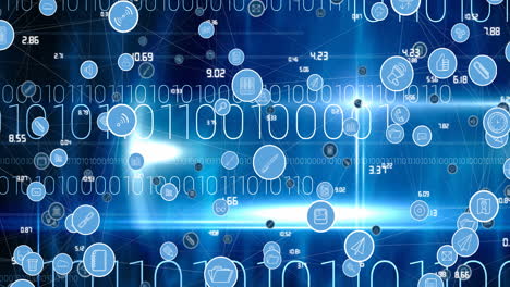 animación de la red de conexiones con iconos digitales sobre codificación binaria en segundo plano