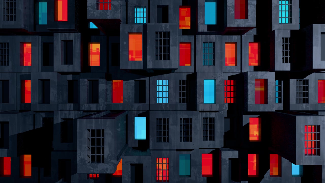 Renderização 3D Abstrata de Arquitetura Brutalista com Janelas Luminosas