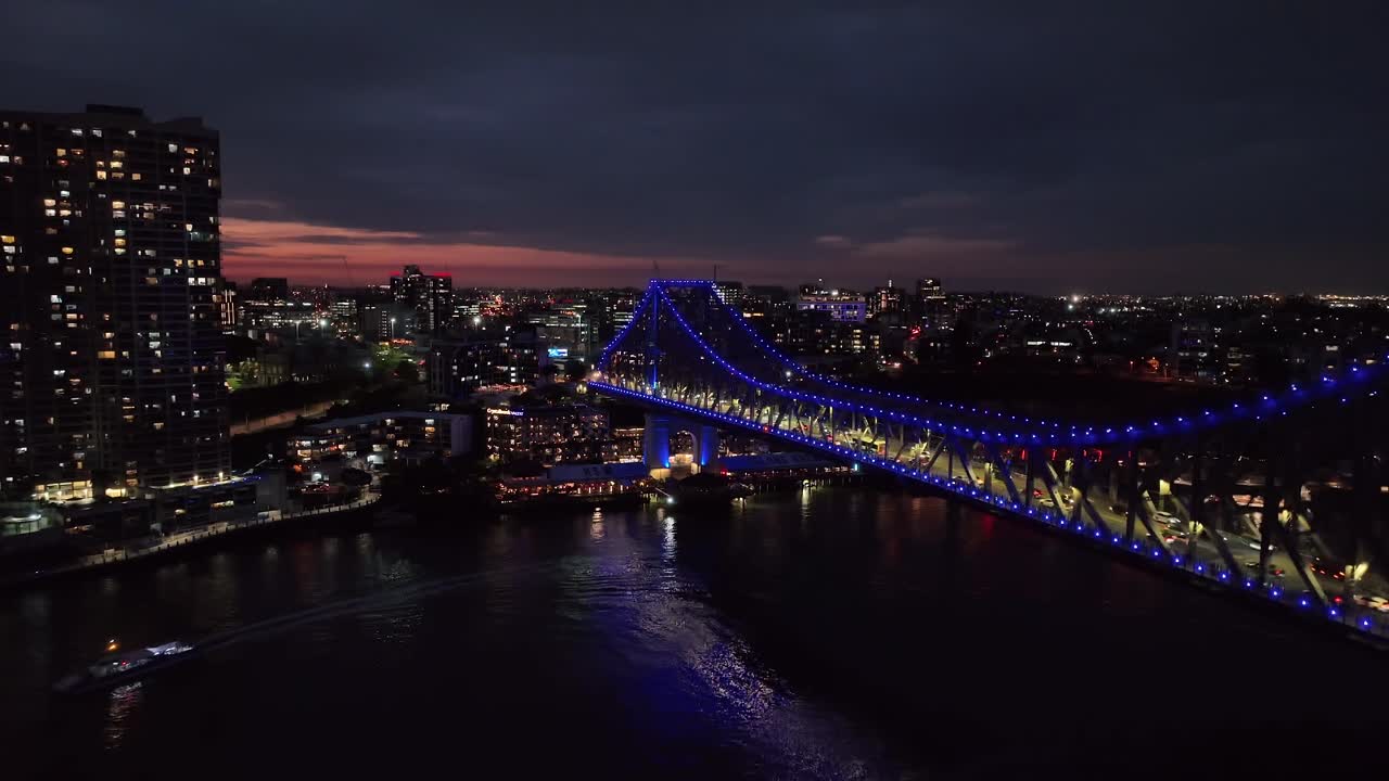 Establishing drone shot of Brisbane City's Story Bridge