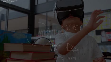 animation of mathematical formulas over schoolboy using vr headset