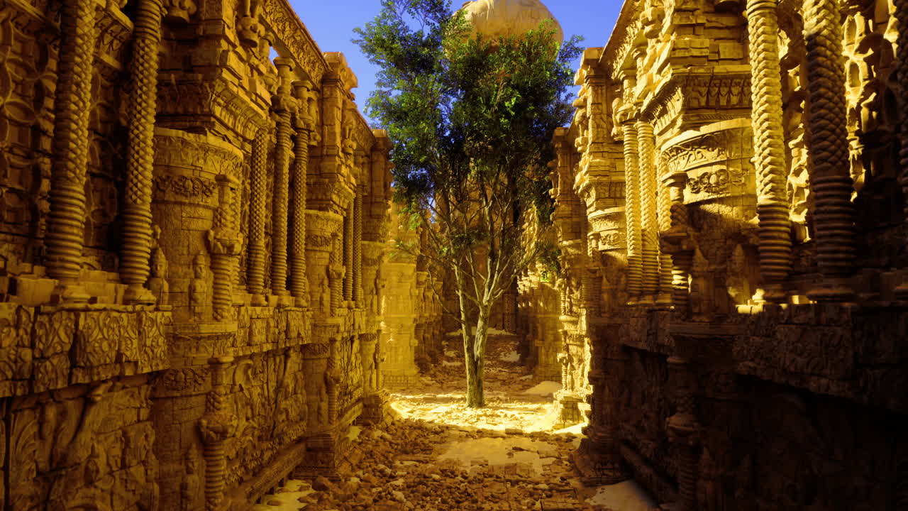 Ancient architectural ruins with detailed carvings and a lone tree