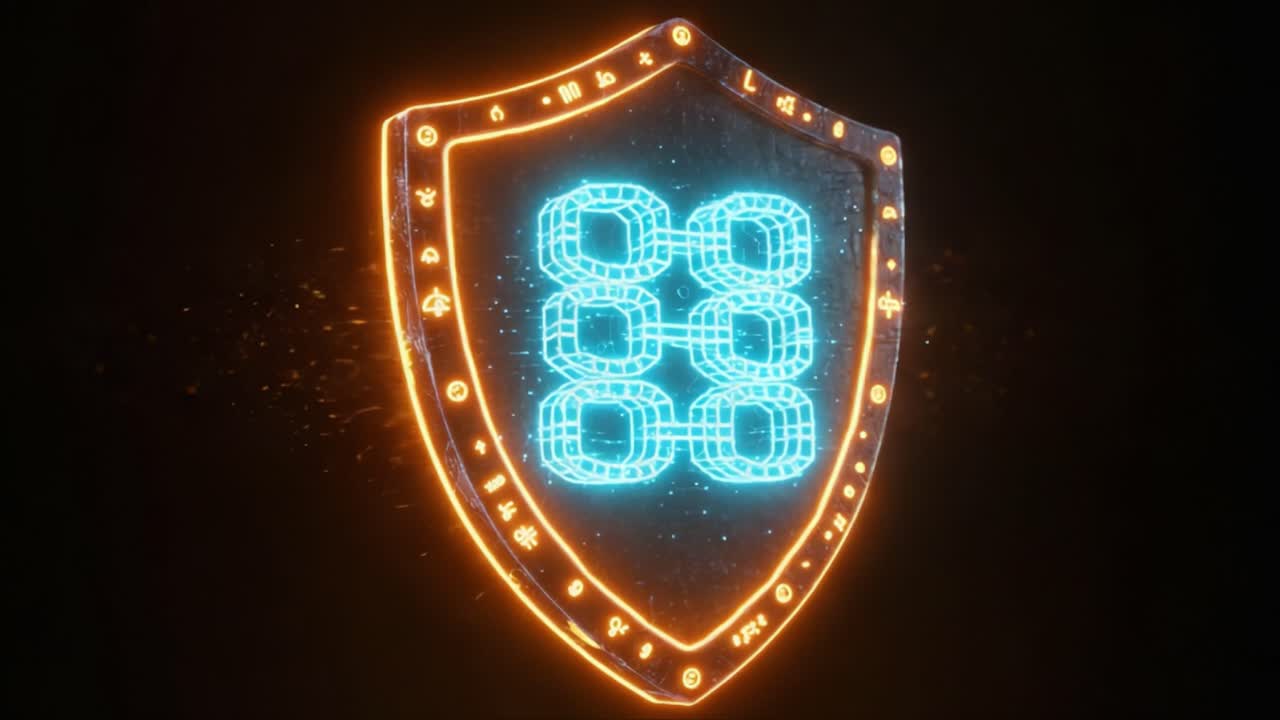 A Dynamic Digital Shield Representing Advanced Security Protocols and Blockchain Technology Visualized in a Futuristic Design with Electric Blue and Orange Glows