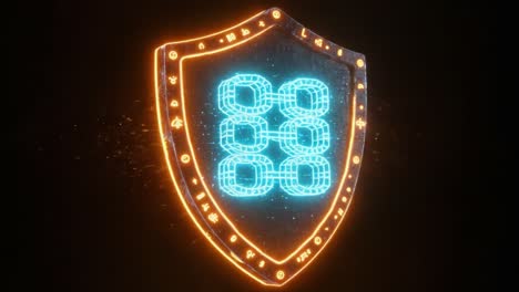 a dynamic digital shield representing advanced security protocols and blockchain technology visualized in a futuristic design with electric blue and orange glows