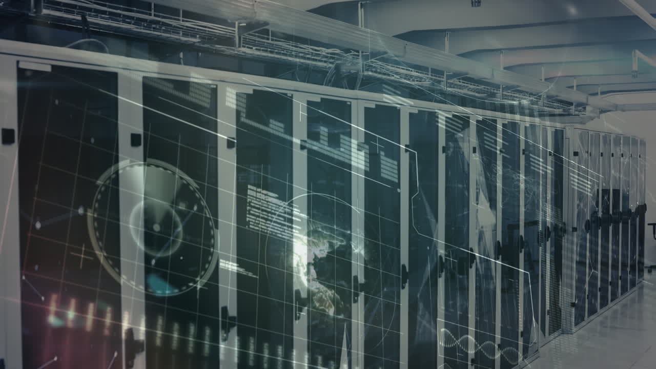 Animation of globe and data processing over server room