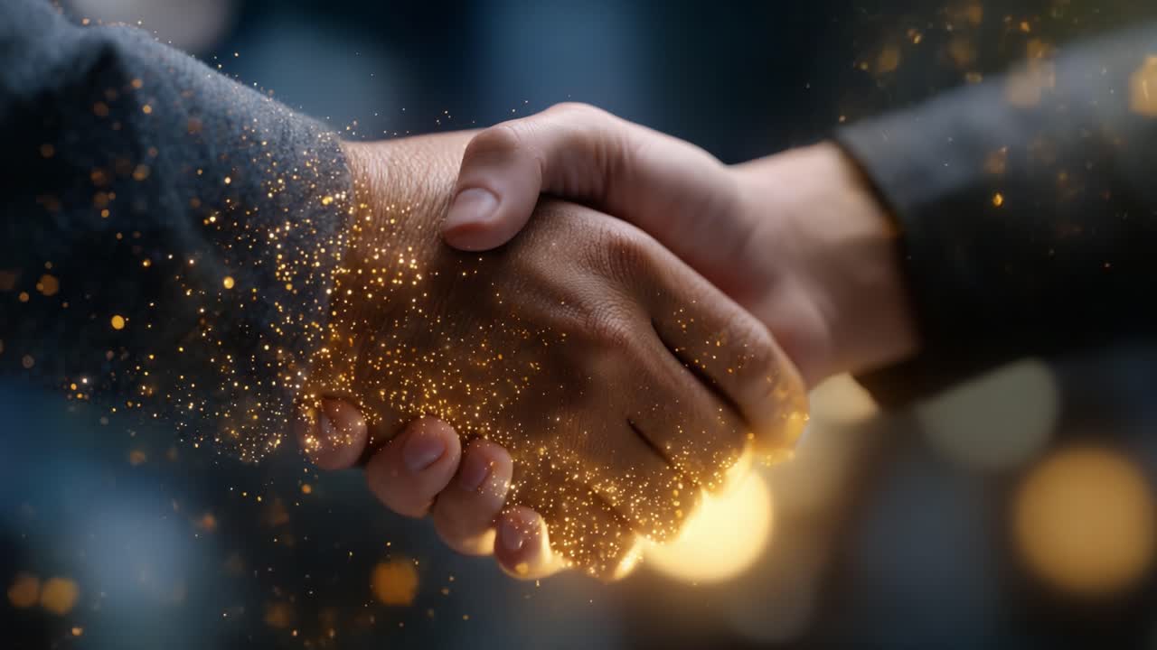 A Moment of Connection: Two Hands Shake, Symbolizing Trust, Partnership, and Unity with a Beautiful Glow of Sparkles Enhancing the Significance of the Gesture