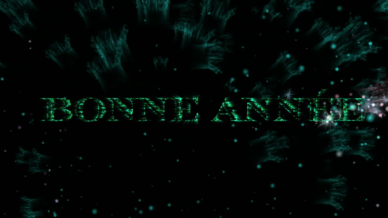 animación del texto de bonne annee en verde con fuegos artificiales de año nuevo explotando en el cielo nocturno