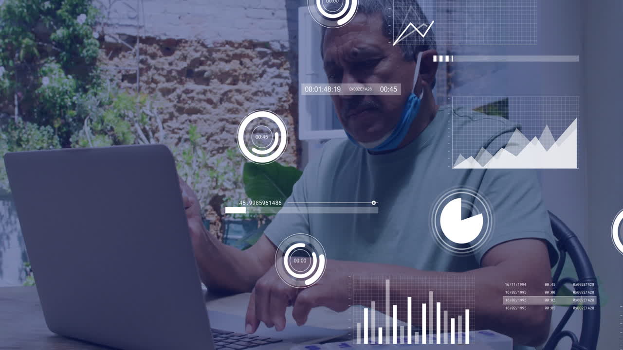 Using laptop, man analyzing data with animation graphics in outdoor setting