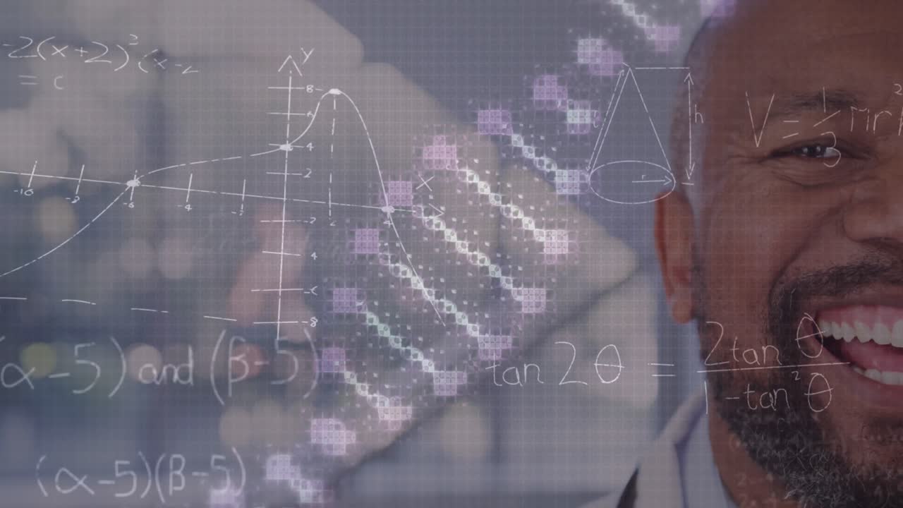 Animation of dna strand and data processing over smiling african american male doctor