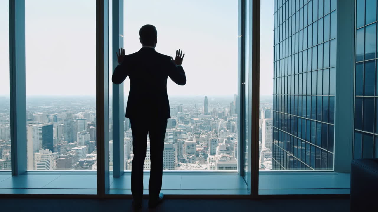 Silhouette di uomo d'affari in ufficio con vista sullo skyline. Dirigente di un grattacielo si ferma davanti alla finestra a tutta altezza.