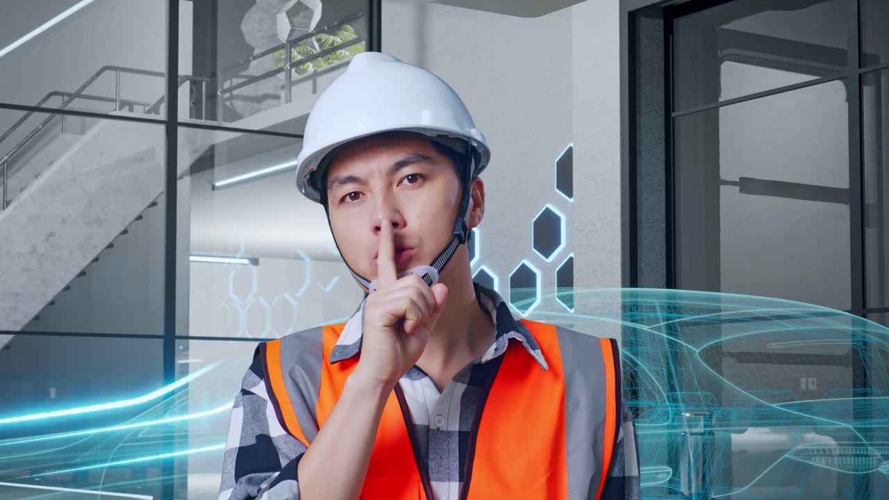 안전 헬을 입은 아시아 남성 엔지니어가 전기 차량, 첨단 산업 시설의 개념과 함께 서있는 동안 shh 제스처를합니다.