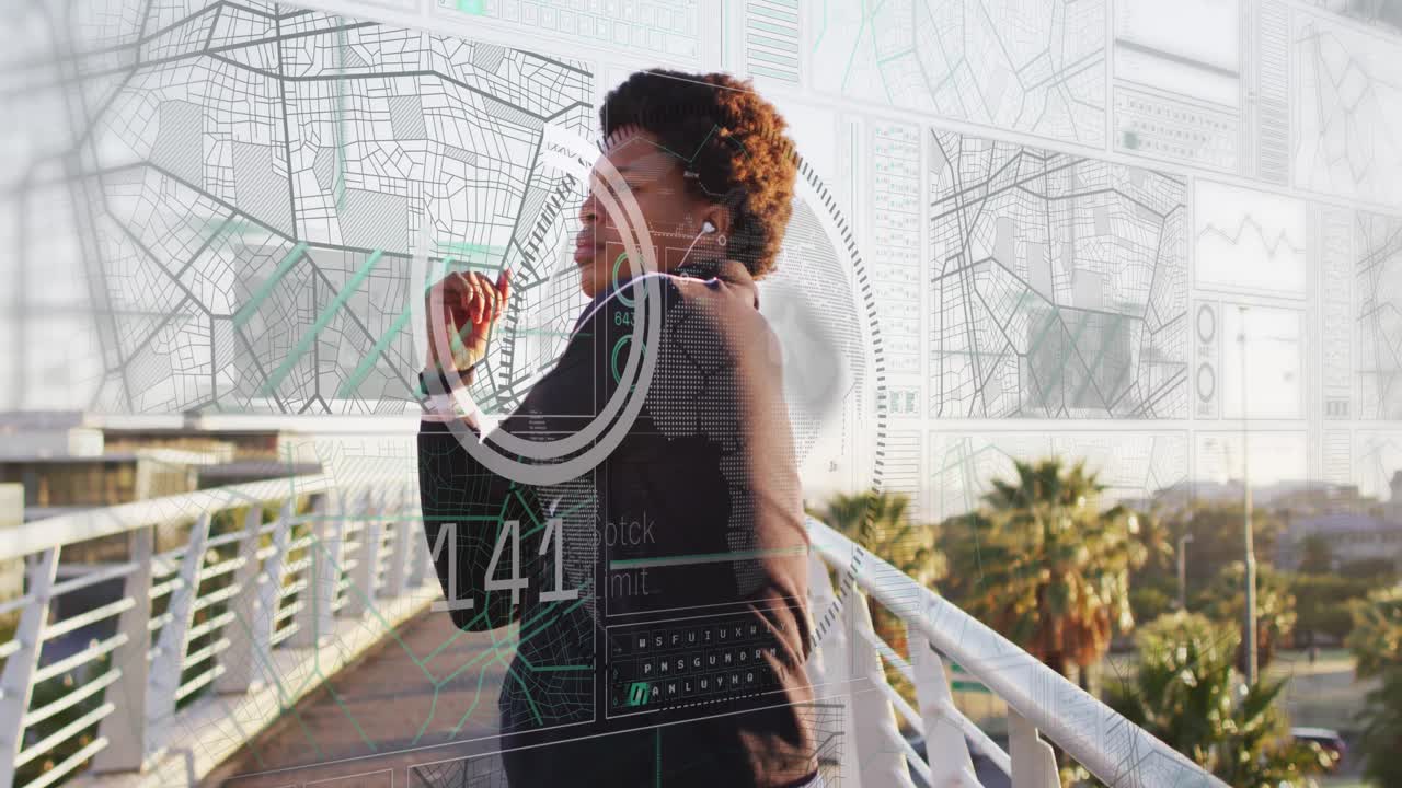 animación de procesamiento de datos sobre el hombre afroamericano estiramiento