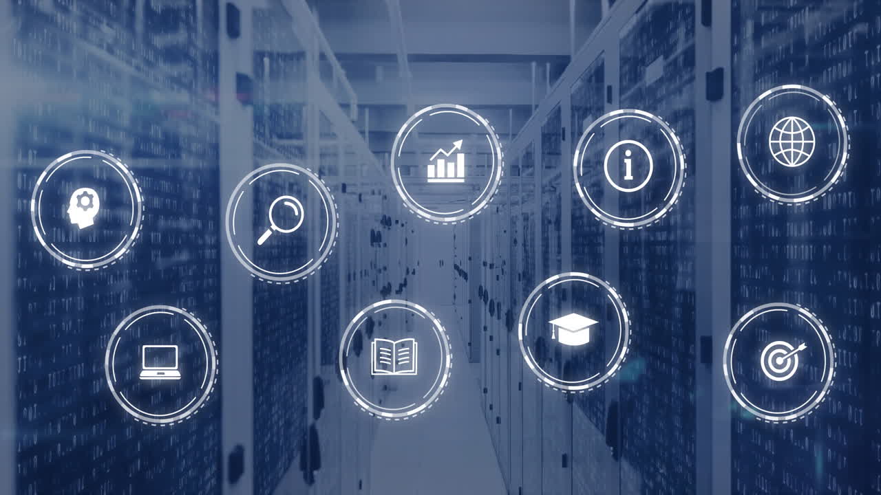 Animation of network of digital icons and computer servers