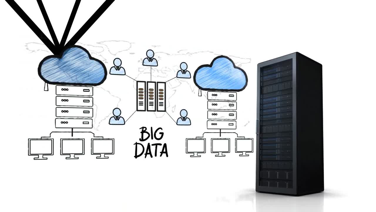 Animation of network scheme and server on white background