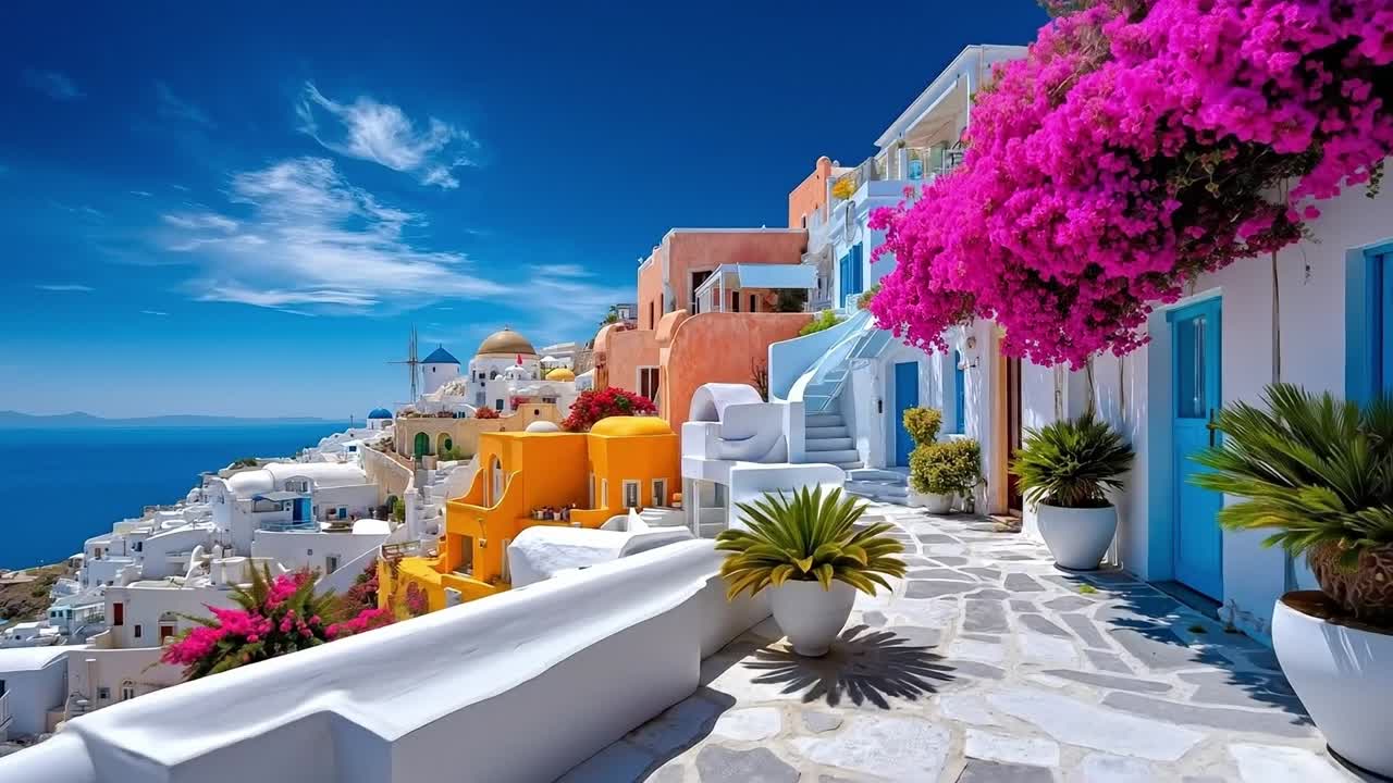 A view of a narrow street with colorful buildings and flowers